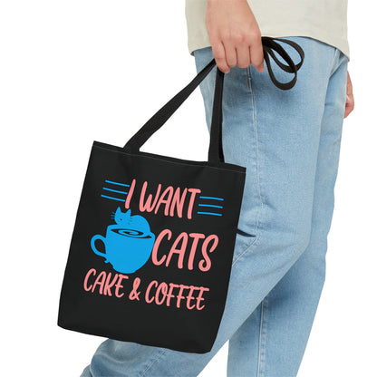 I Want Cats, Cake & C☕ffee Tote Bag (Black)