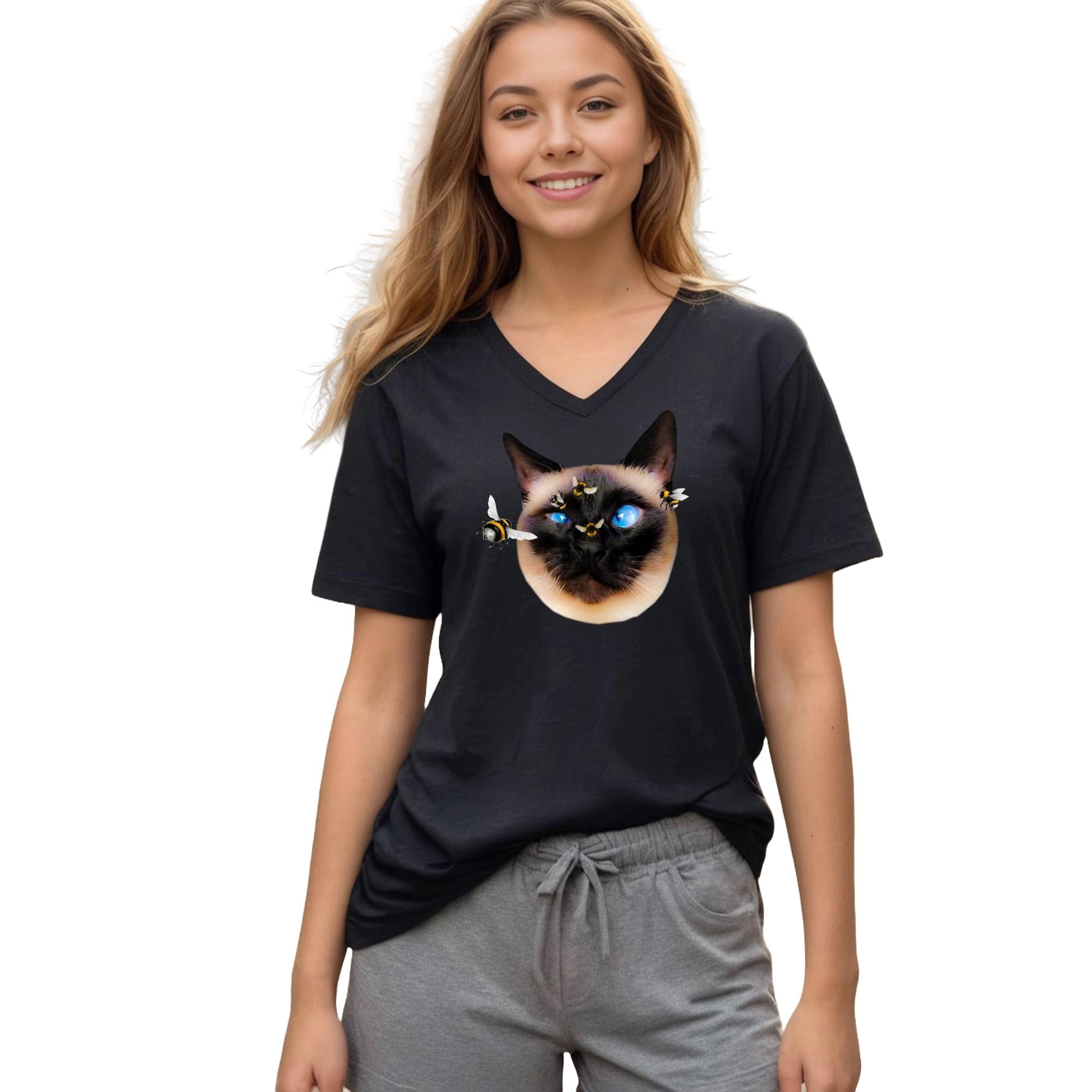 Black Buzz Off Siamese Cat V-Neck T-Shirt