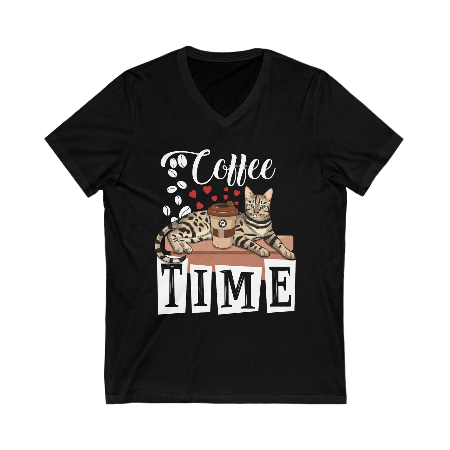 Black Coffee Beans & Love Hearts V-Neck Unisex T-Shirt Cat Themed