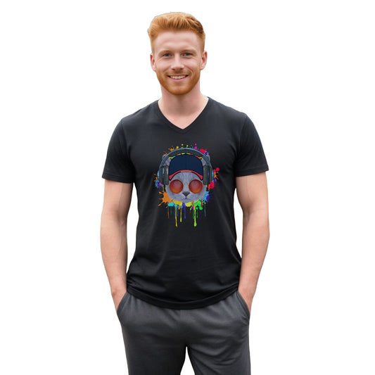 Black Lost In Music Cat T-Shirt V-Neck Unisex