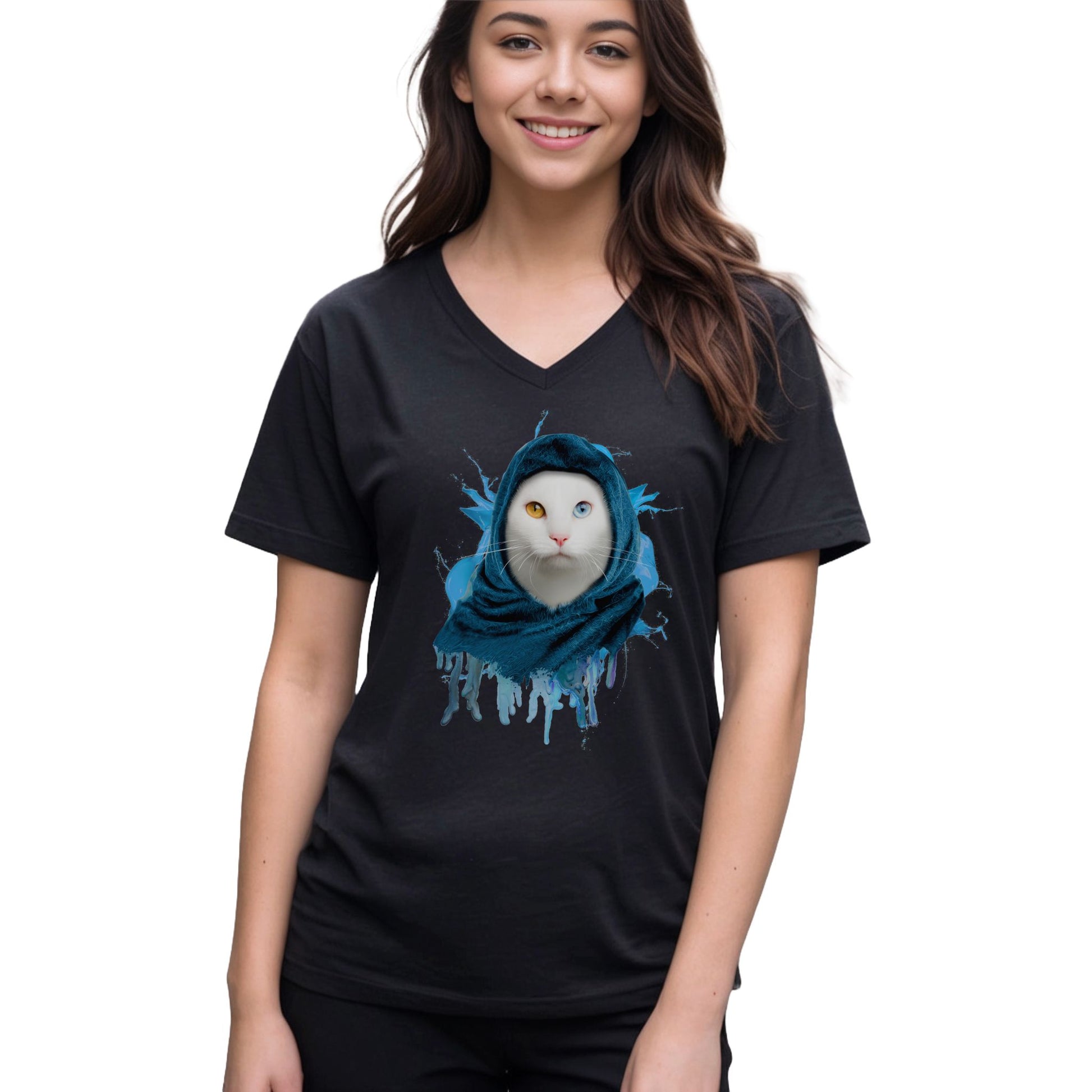 Black  V-Neck T-Shirt Unisex Cat Theme