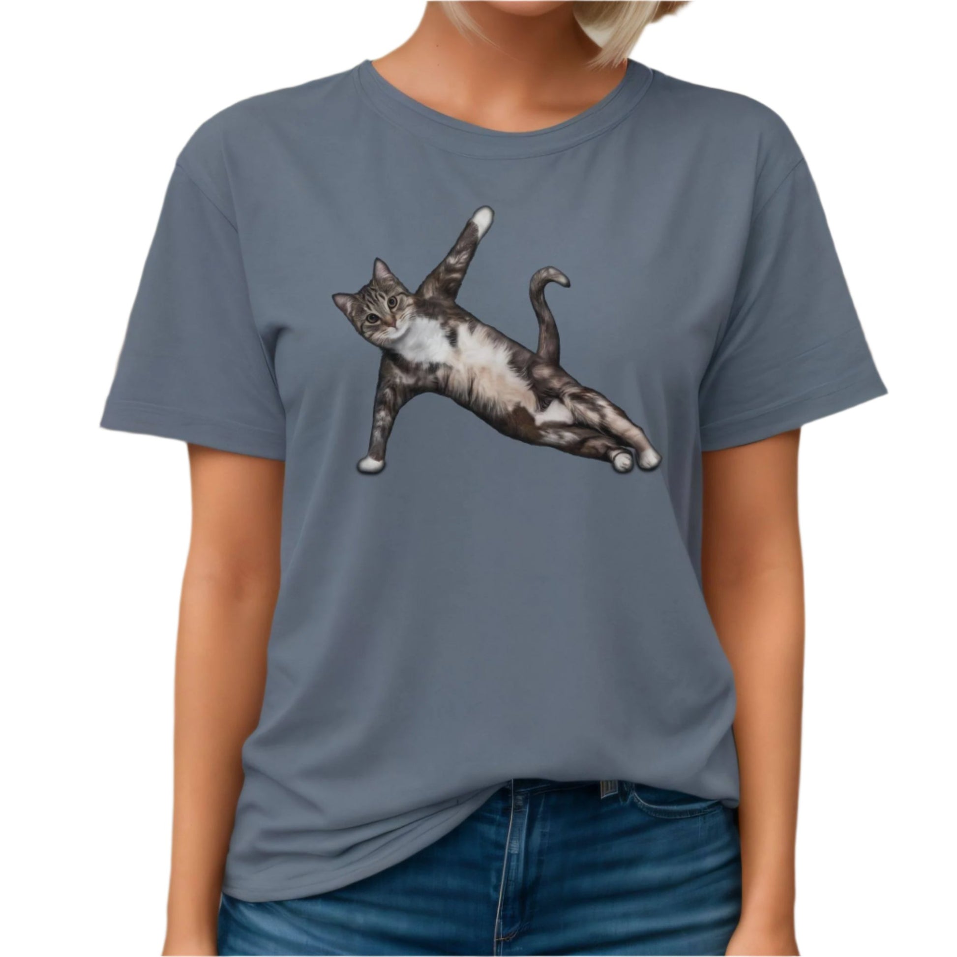 Steel Blue Yoga Pose Cat T-Shirt Unisex Crew Neck