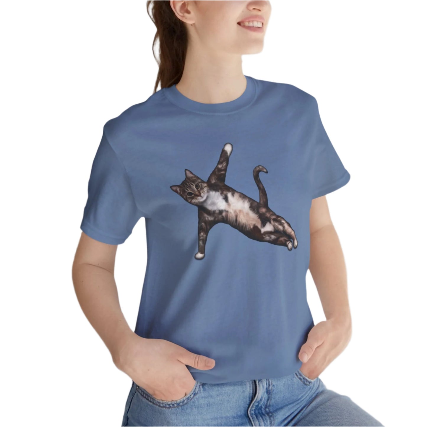 Steel Blue Yoga Pose Cat T-Shirt Unisex Crew Neck