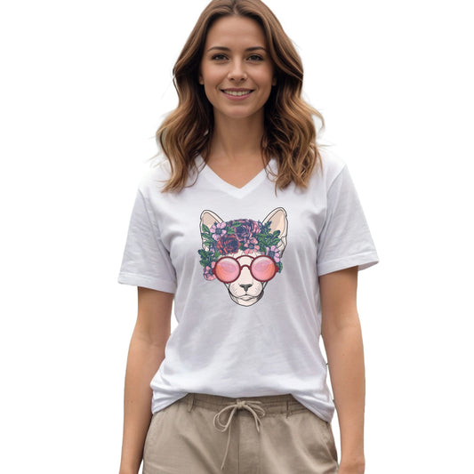 White flower sphynx cat V-Neck T-shirt