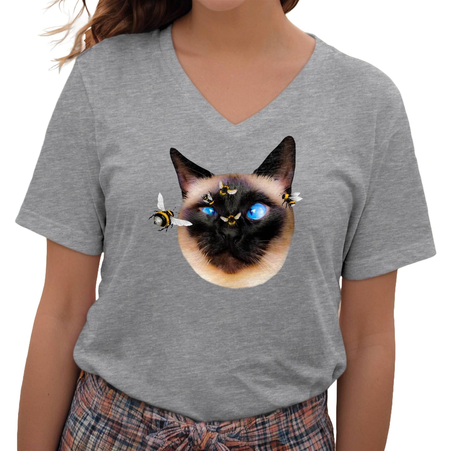 Heather Gray Buzz Off Siamese Cat V-Neck T-Shirt