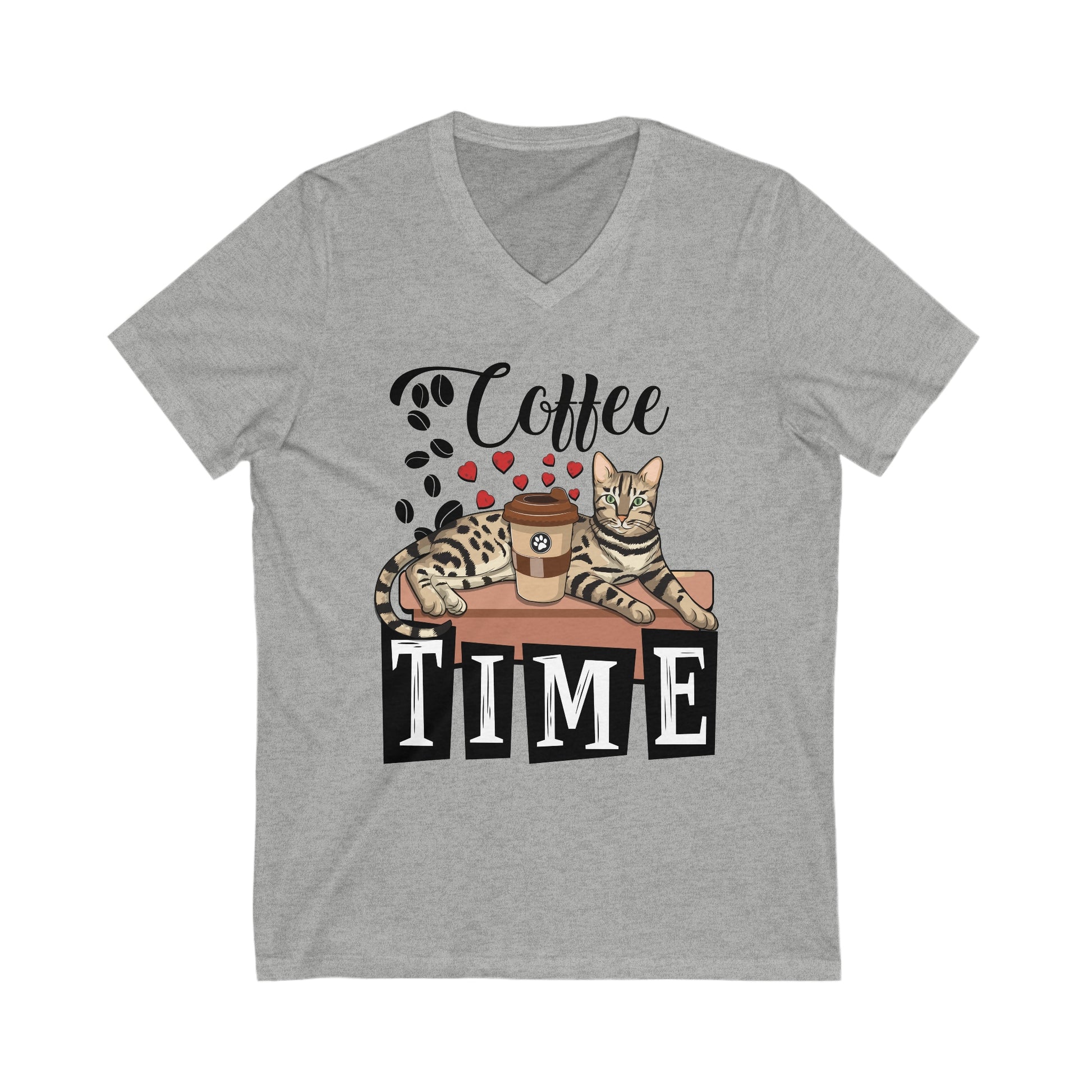 Heather Gray Coffee Beans & Love Hearts V-Neck Unisex T-Shirt Cat Themed