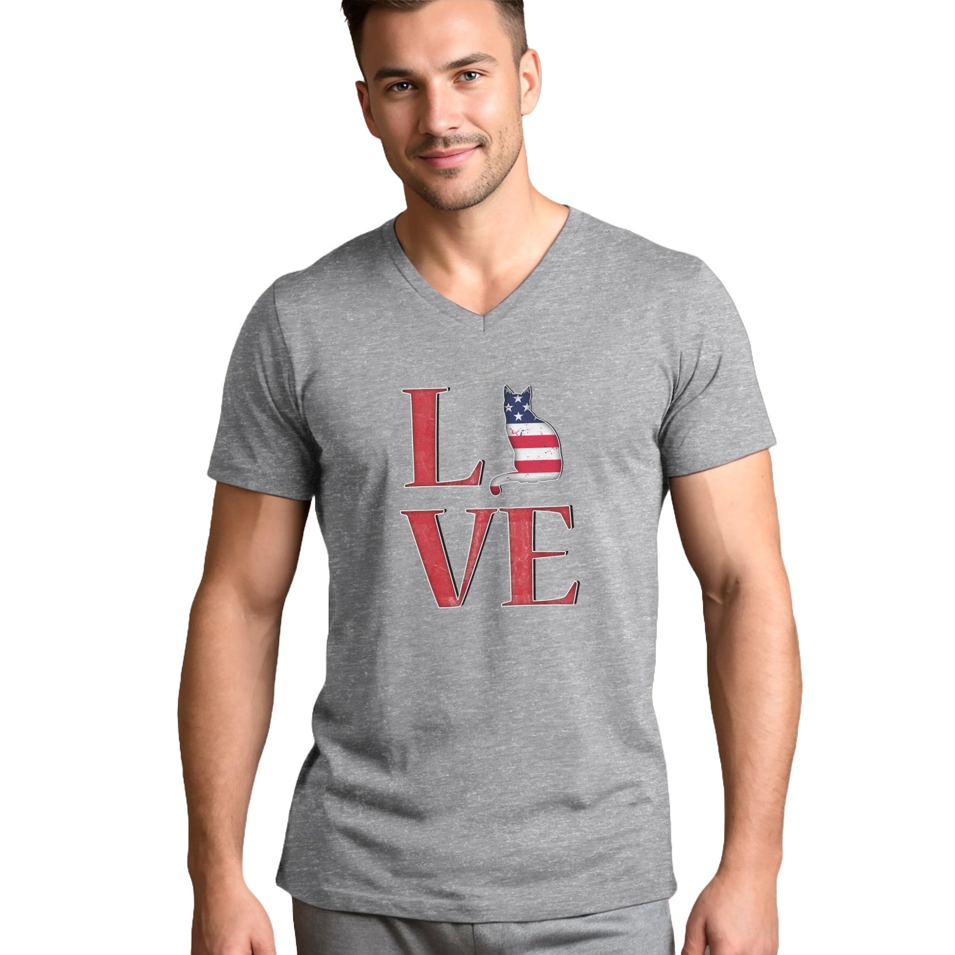 Heather Gray Love USA V-Neck Unisex T-shirt Cat Silhouette