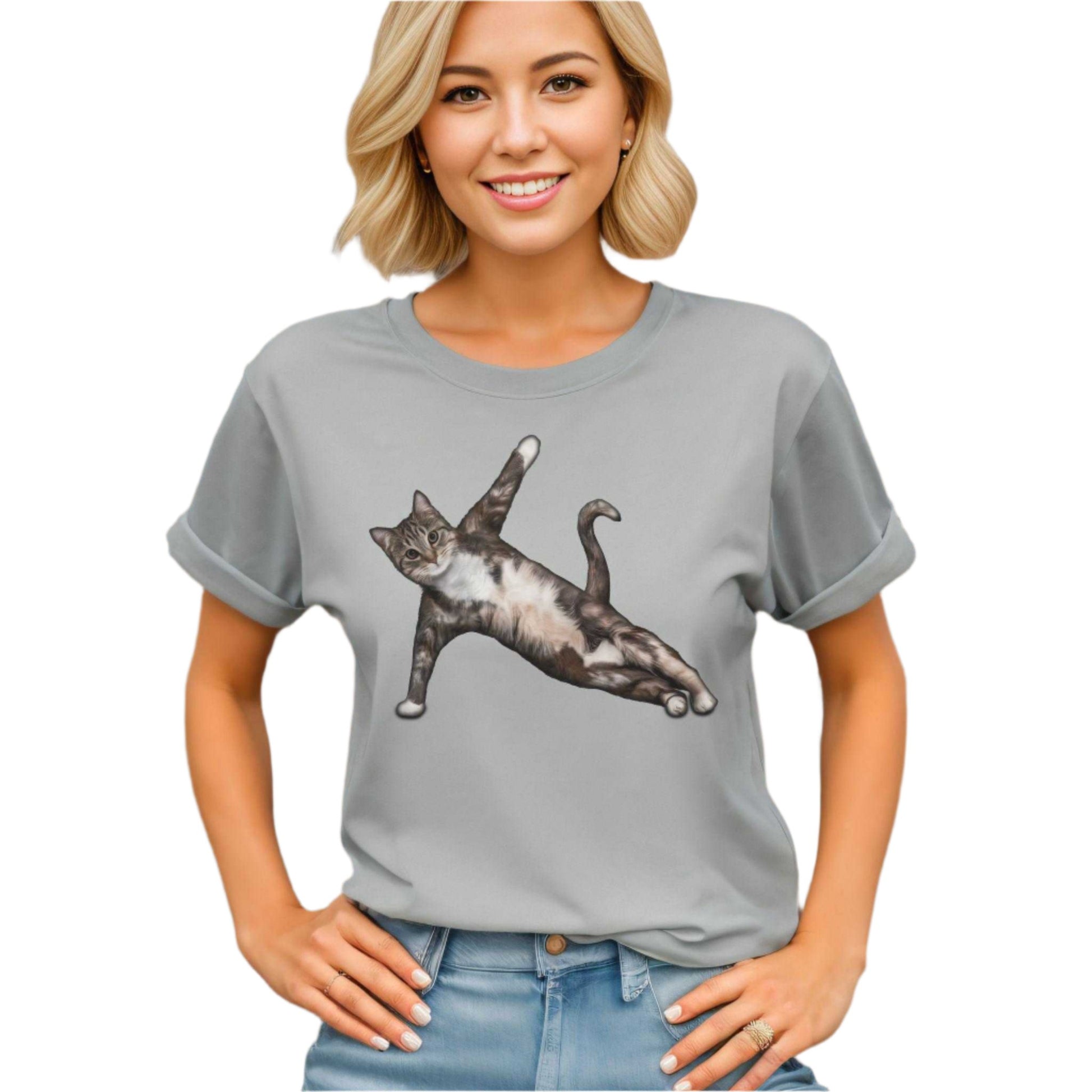 Silver Yoga Pose Cat T-Shirt Unisex Crew Neck