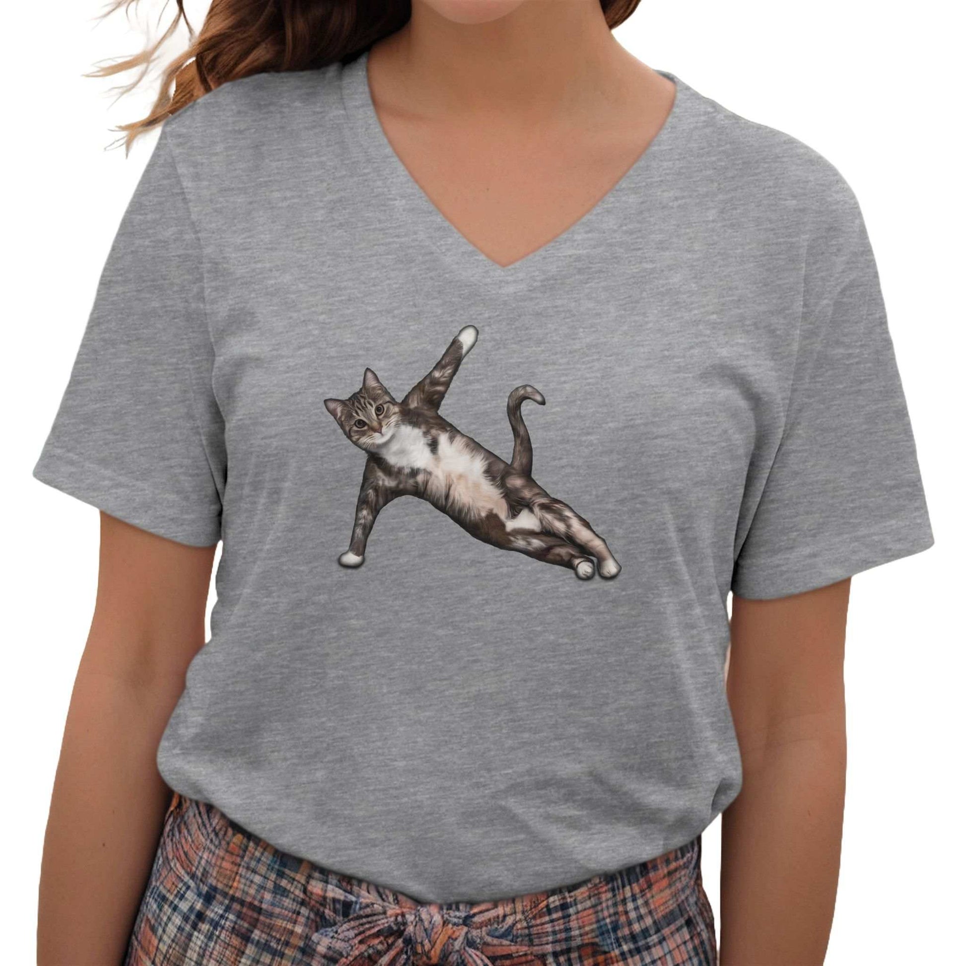 Heather Gray Yoga Pose Cat T-Shirt Unisex V-Neck