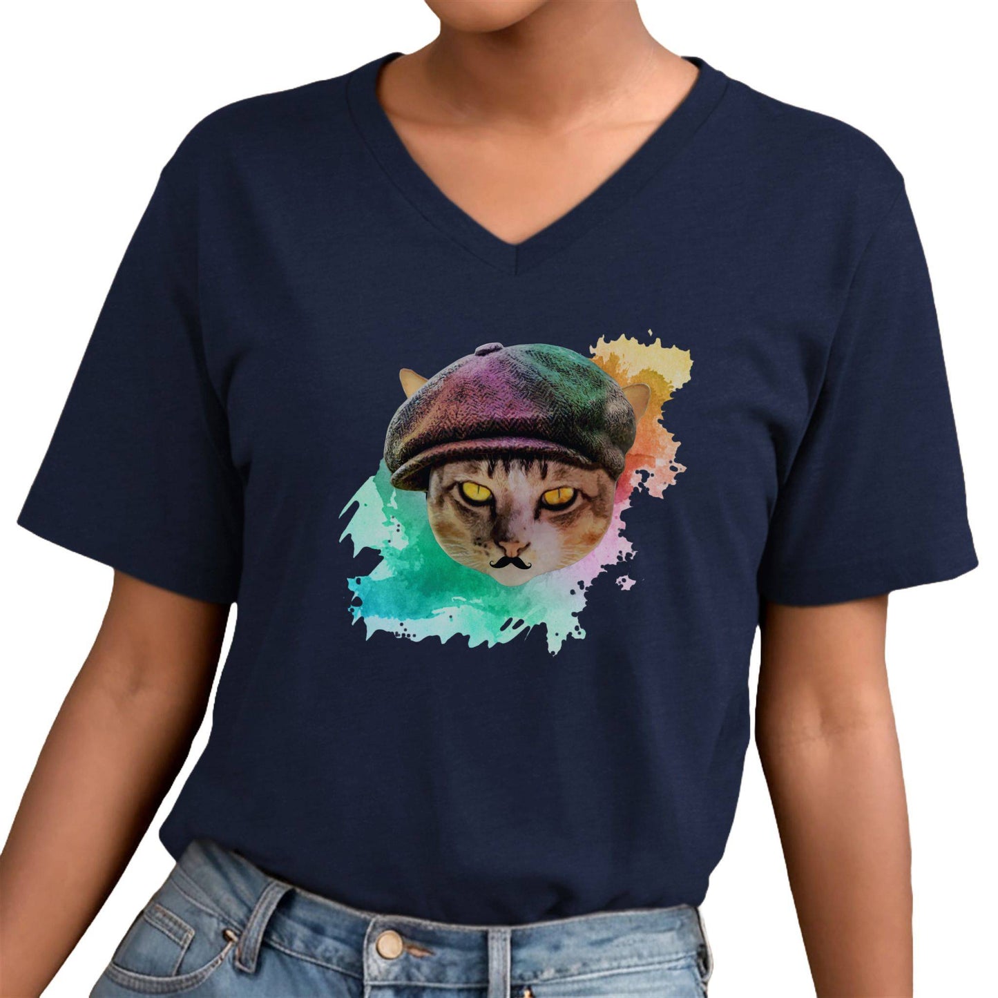 Navy Baker Boy Cat T-Shirt Unisex V-Neck