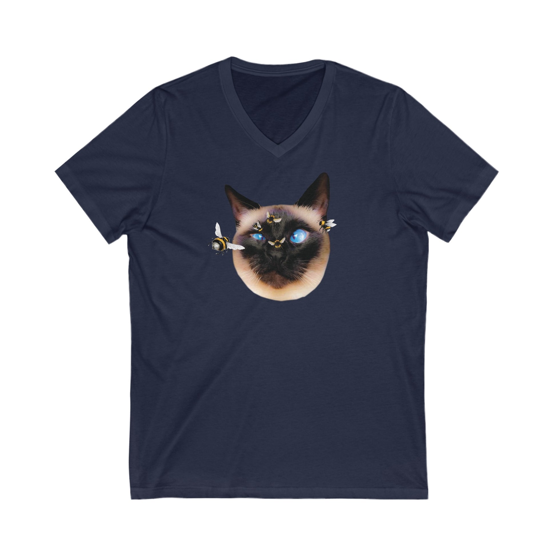 Navy Buzz Off Siamese Cat V-Neck T-Shirt