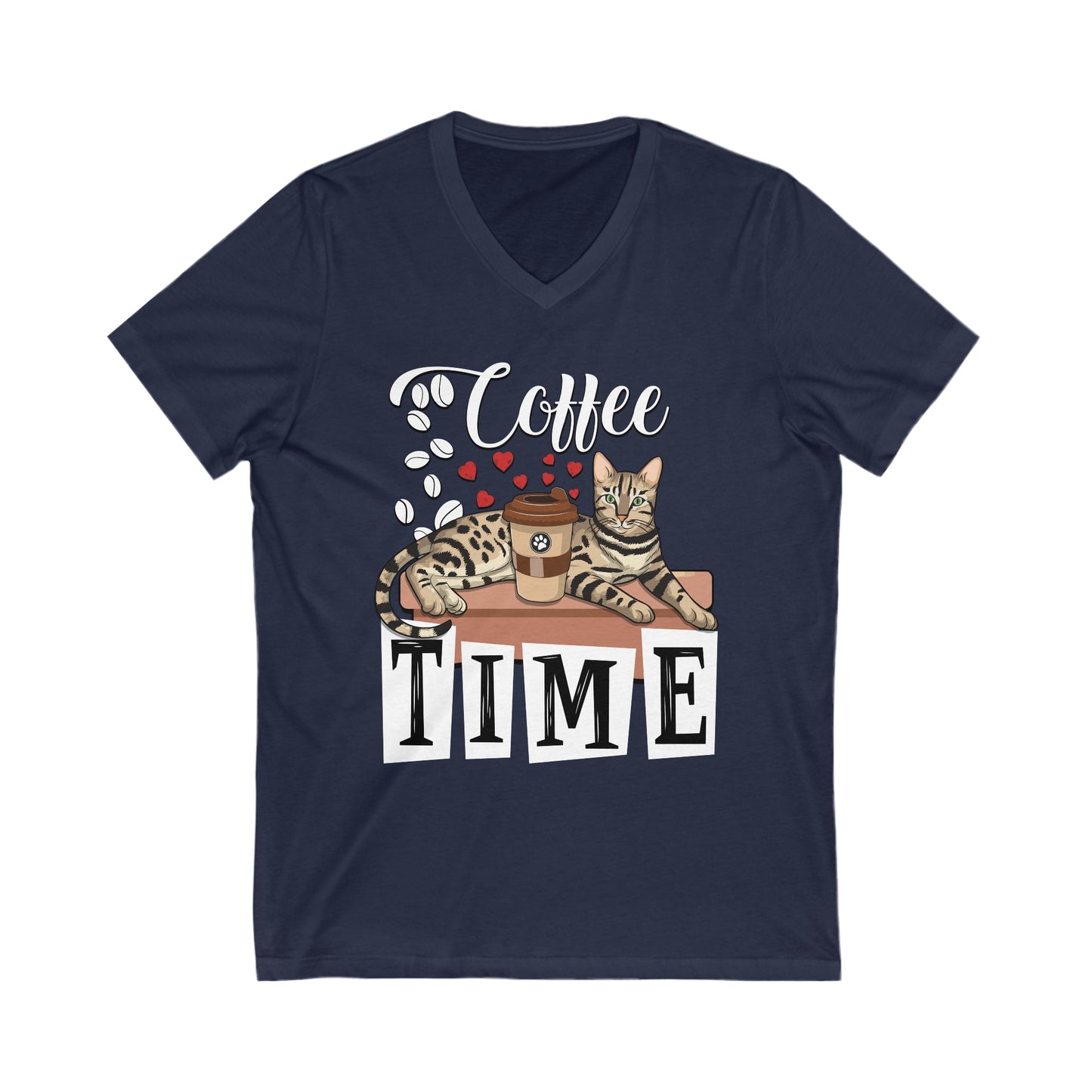 Navy Coffee Beans & Love Hearts V-Neck Unisex T-Shirt Cat Themed