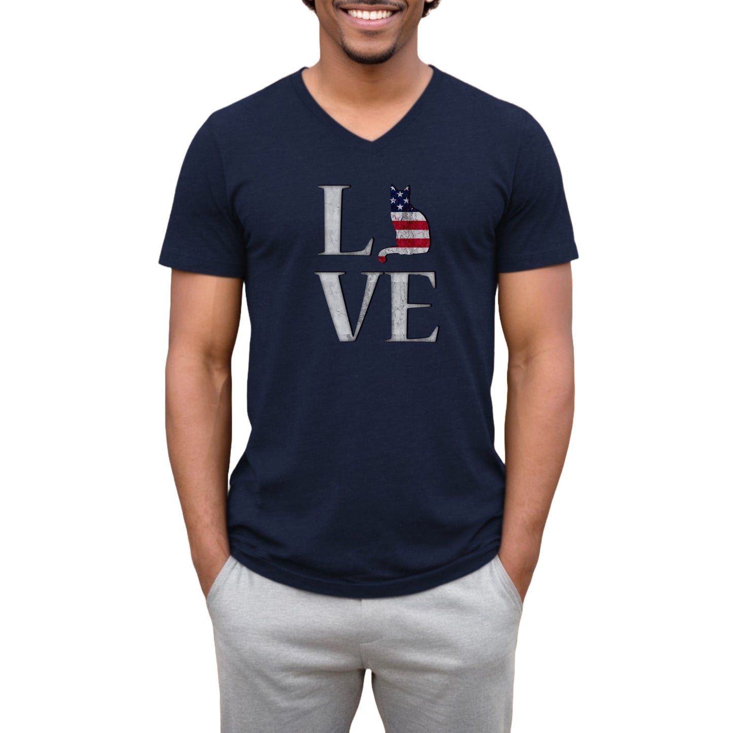 Navy Love USA V-Neck Unisex T-shirt Cat Silhouette