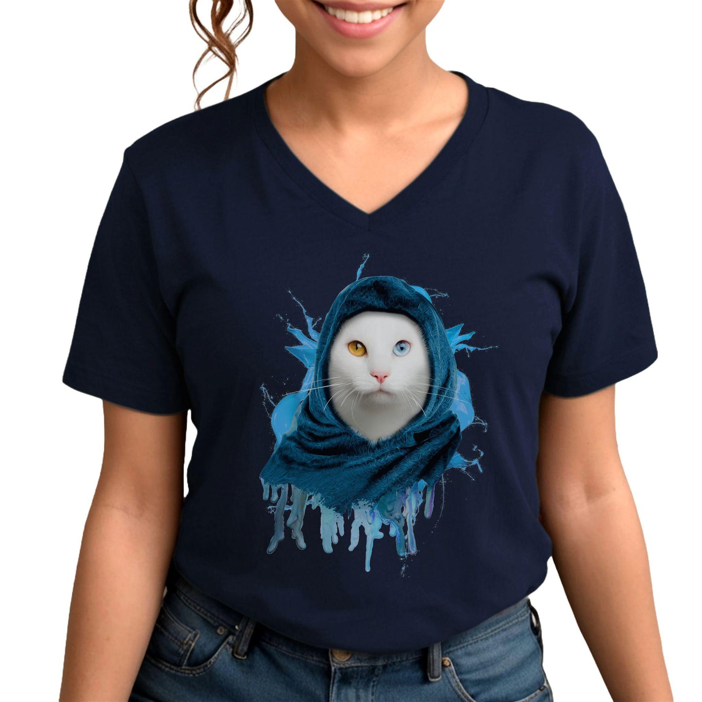 Navy T-Shirt V-Neck Unisex Cat Theme