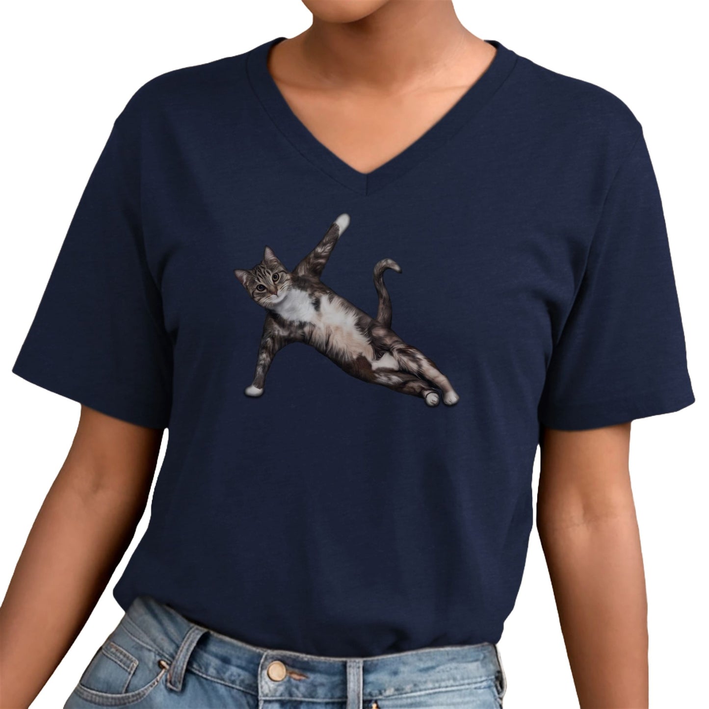 Navy Yoga Pose Cat T-Shirt Unisex V-Neck