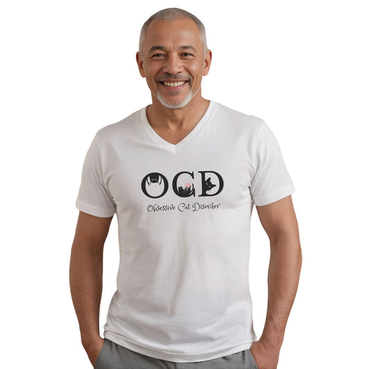 White OCD Cat Themed V-Neck T-Shirt