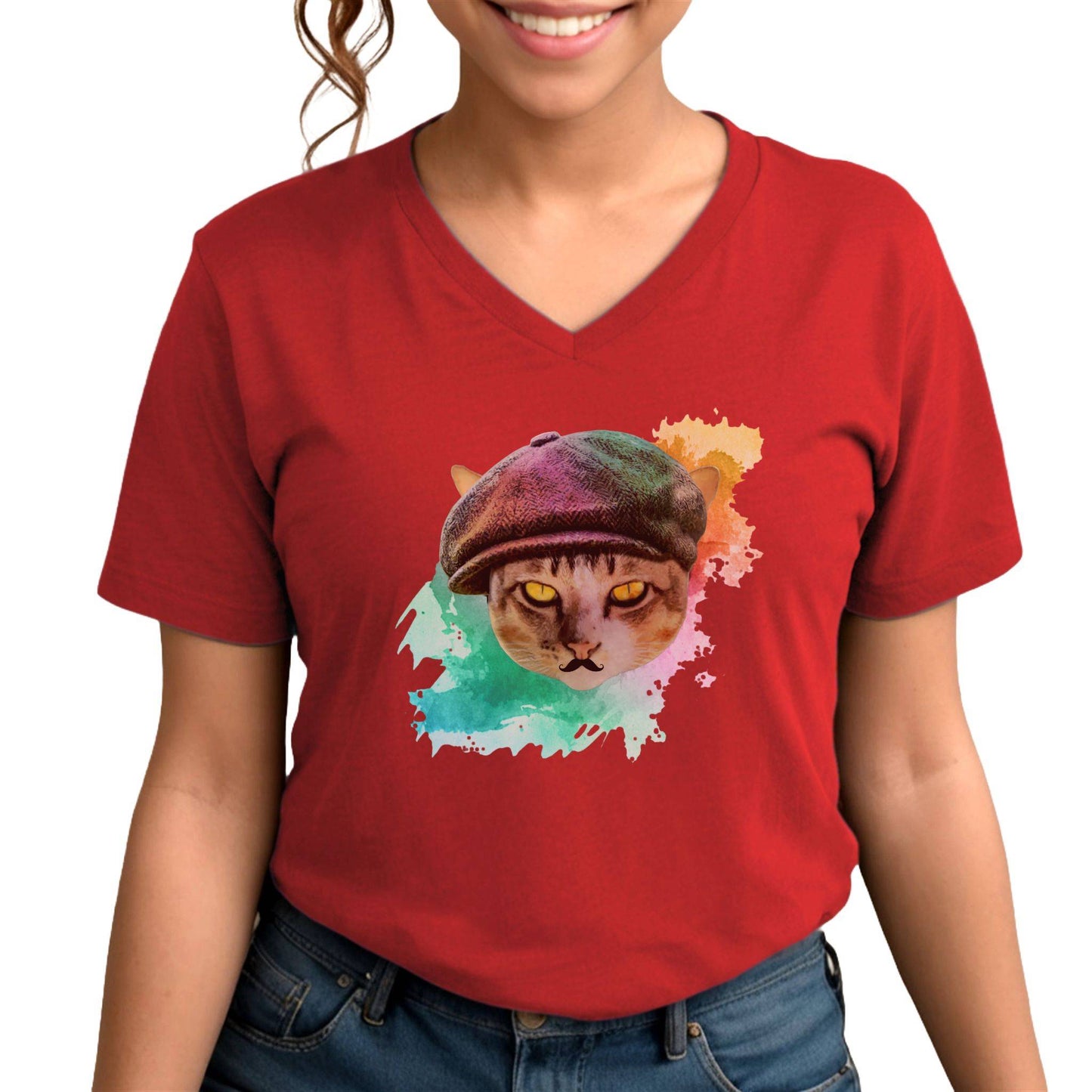 Red Baker Boy Cat T-Shirt Unisex V-Neck