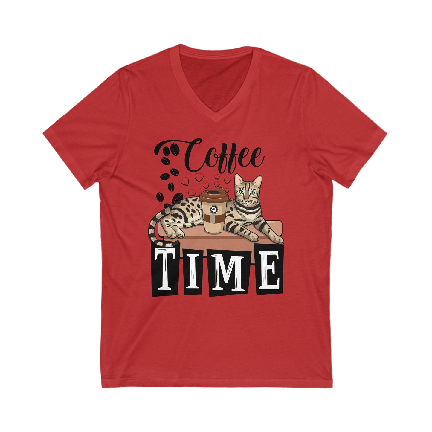 Red Coffee Beans & Love Hearts V-Neck Unisex T-Shirt Cat Themed