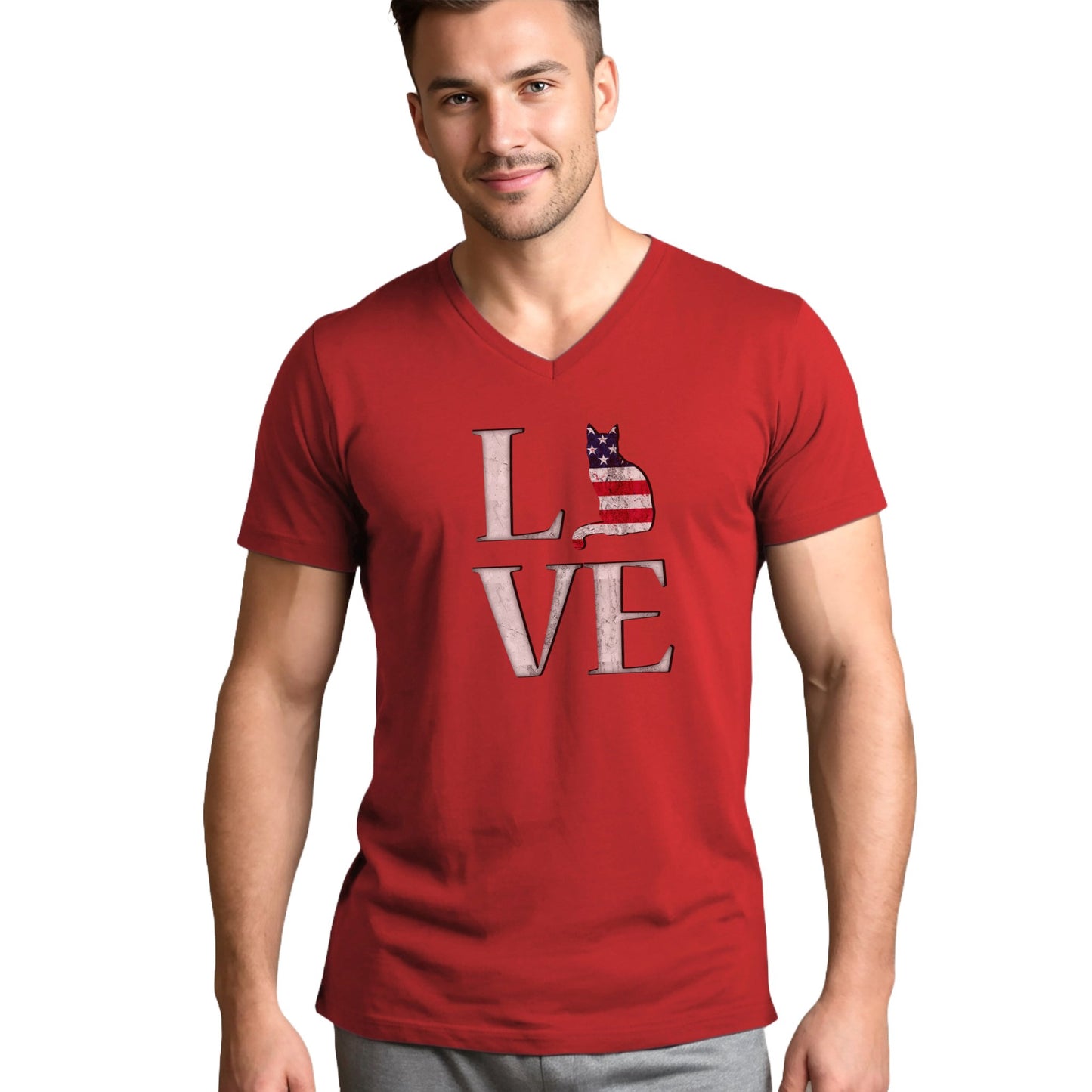 Red Love USA V-Neck Unisex T-shirt Cat Silhouette