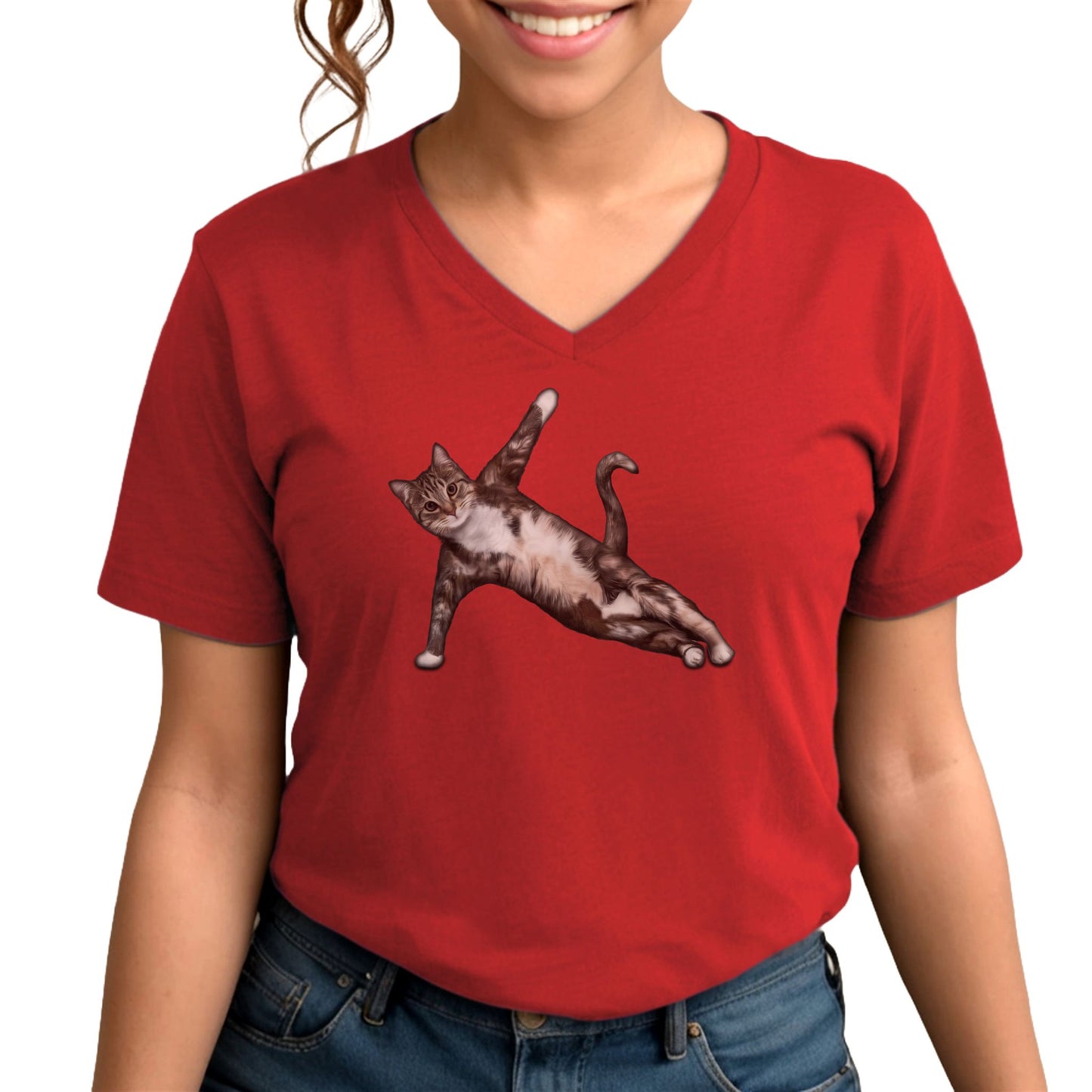 Red Yoga Pose Cat T-Shirt Unisex V-Neck