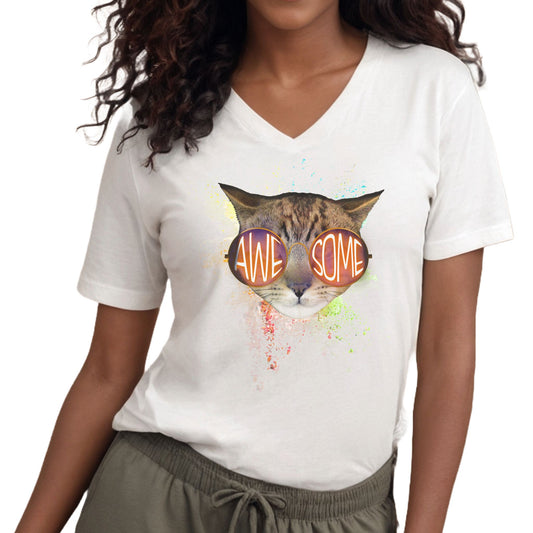 White Awesome Cat V-Neck T-Shirt