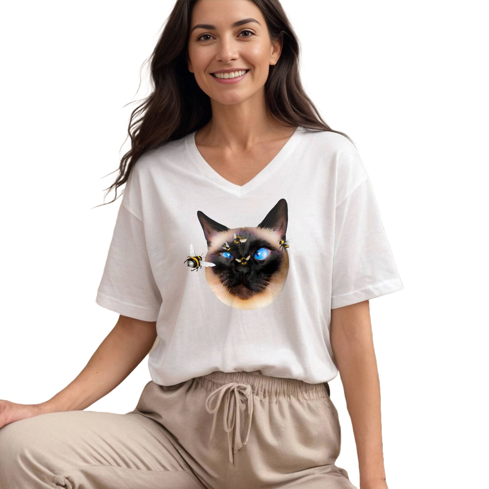 White Buzz Off Siamese Cat V-Neck T-Shirt