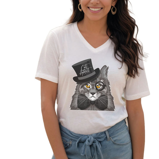 White Cat Addict V-Neck T-Shirt Maine Coon