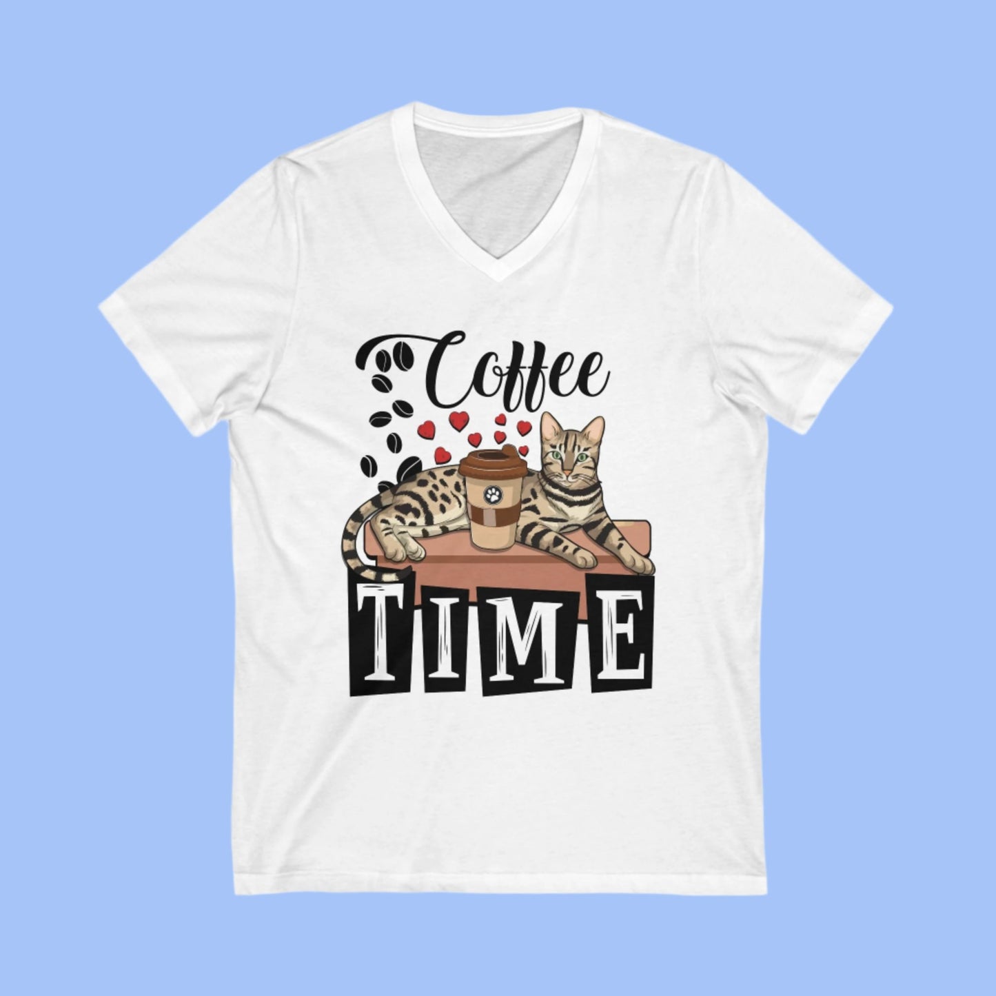 White Coffee Beans & Love Hearts V-Neck Unisex T-Shirt Cat Themed