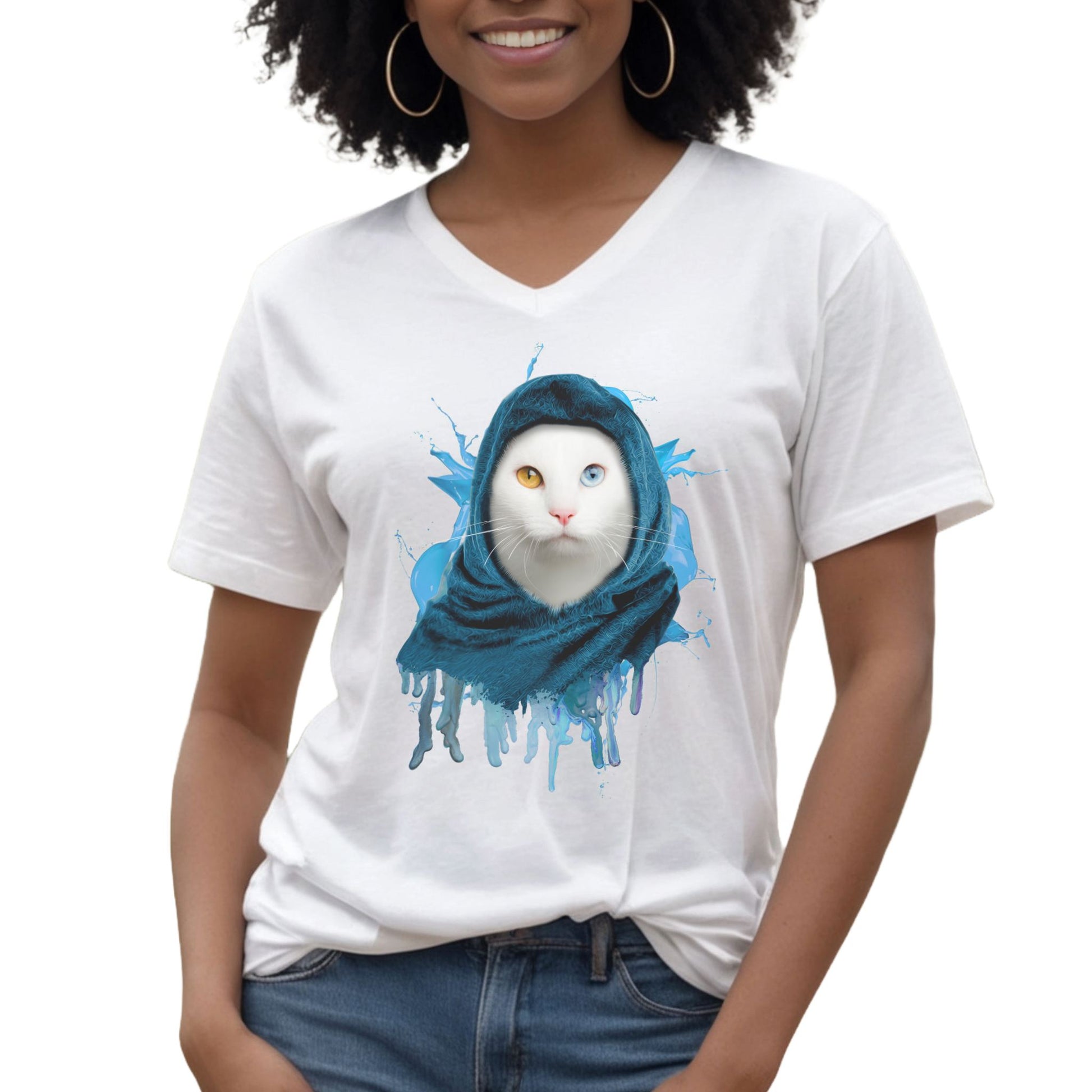 White V-Neck T-Shirt Unisex Cat Theme