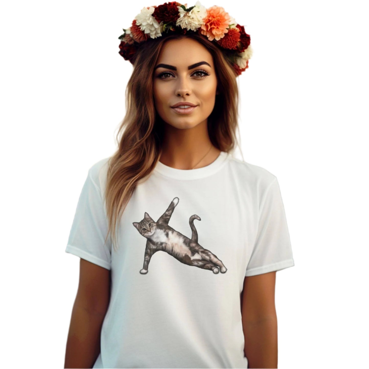 White Yoga Pose Cat T-Shirt Unisex Crew Neck