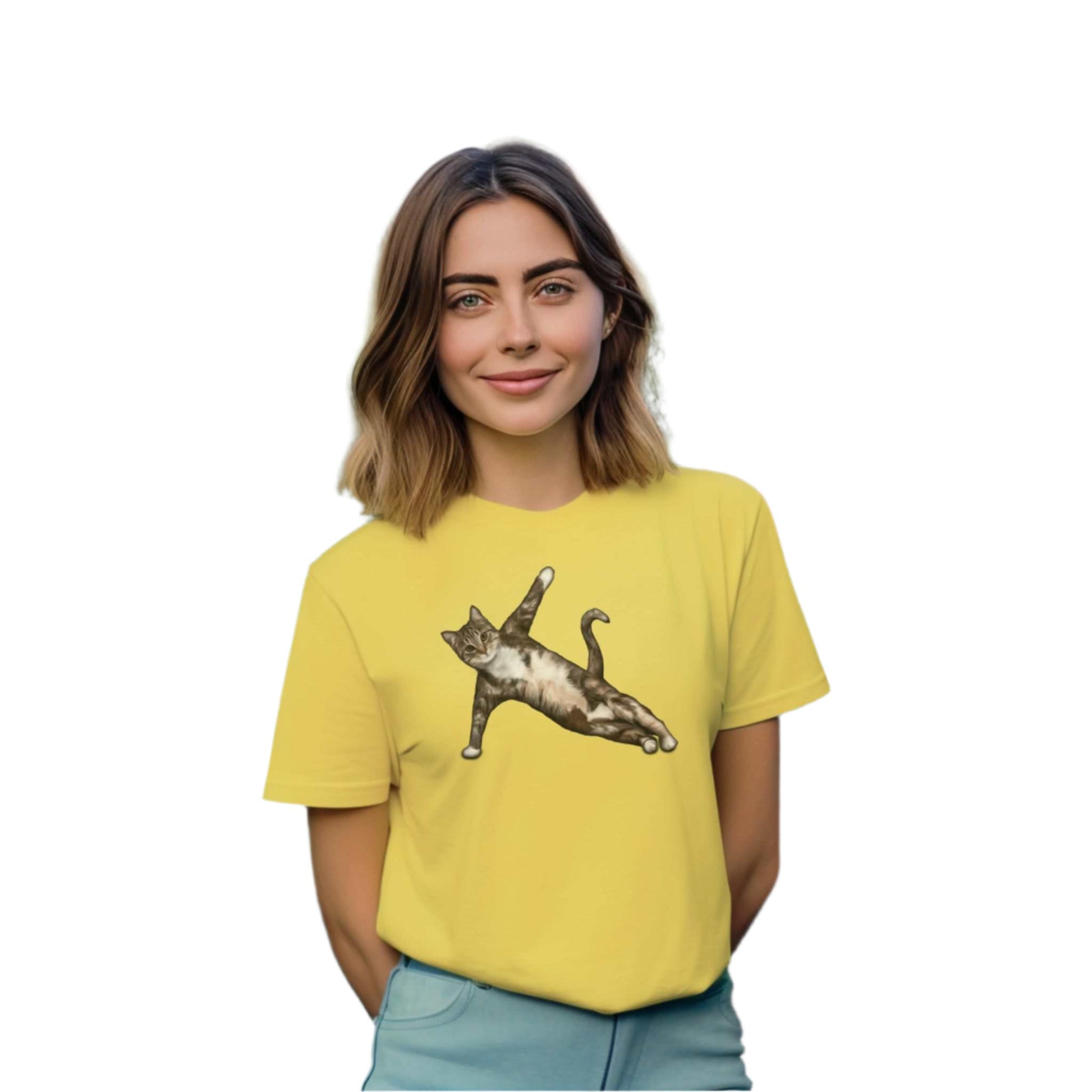 Yellow Yoga Pose Cat T-Shirt Unisex Crew Neck